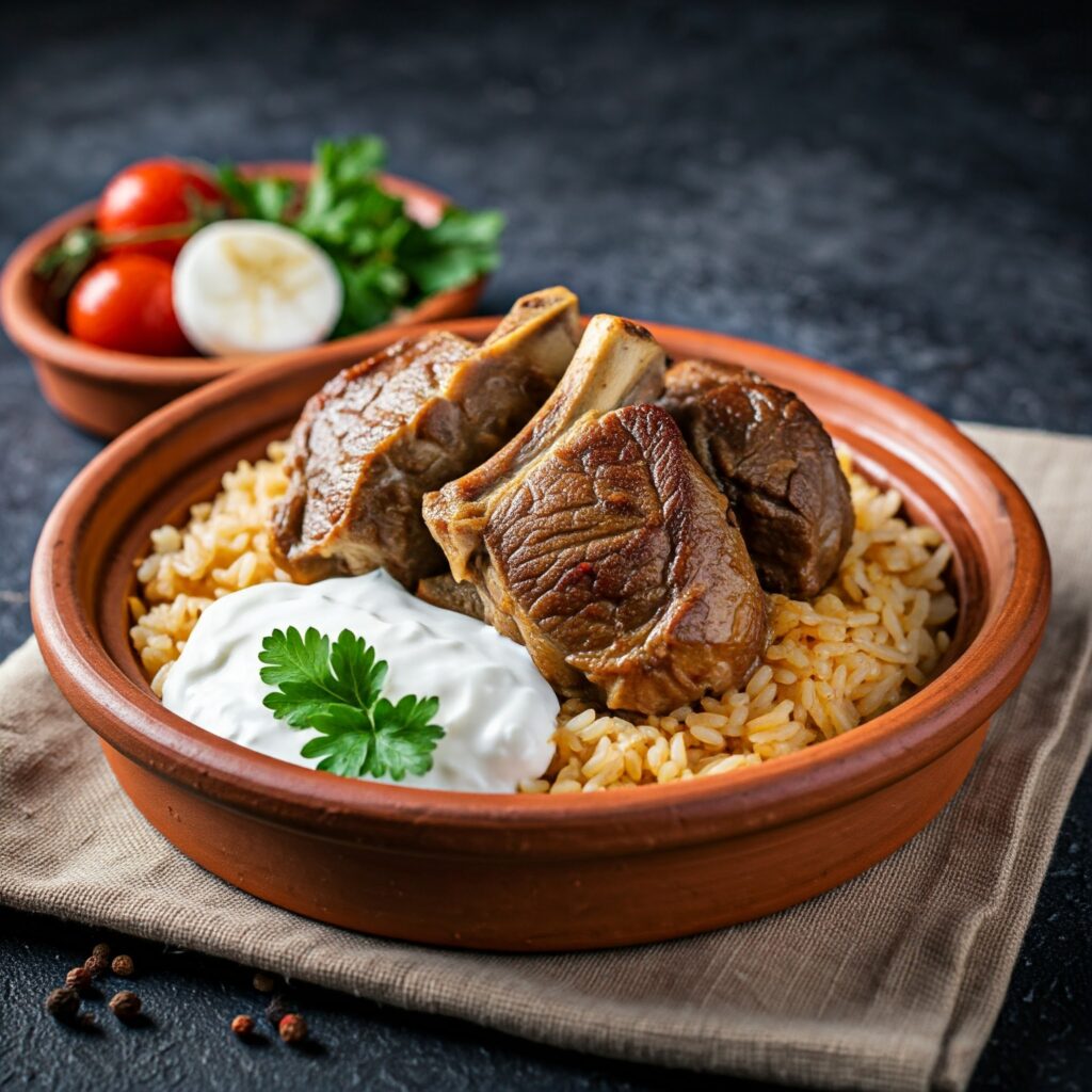 A different form of Tave Kosi with the meat cooked and served with yogurt