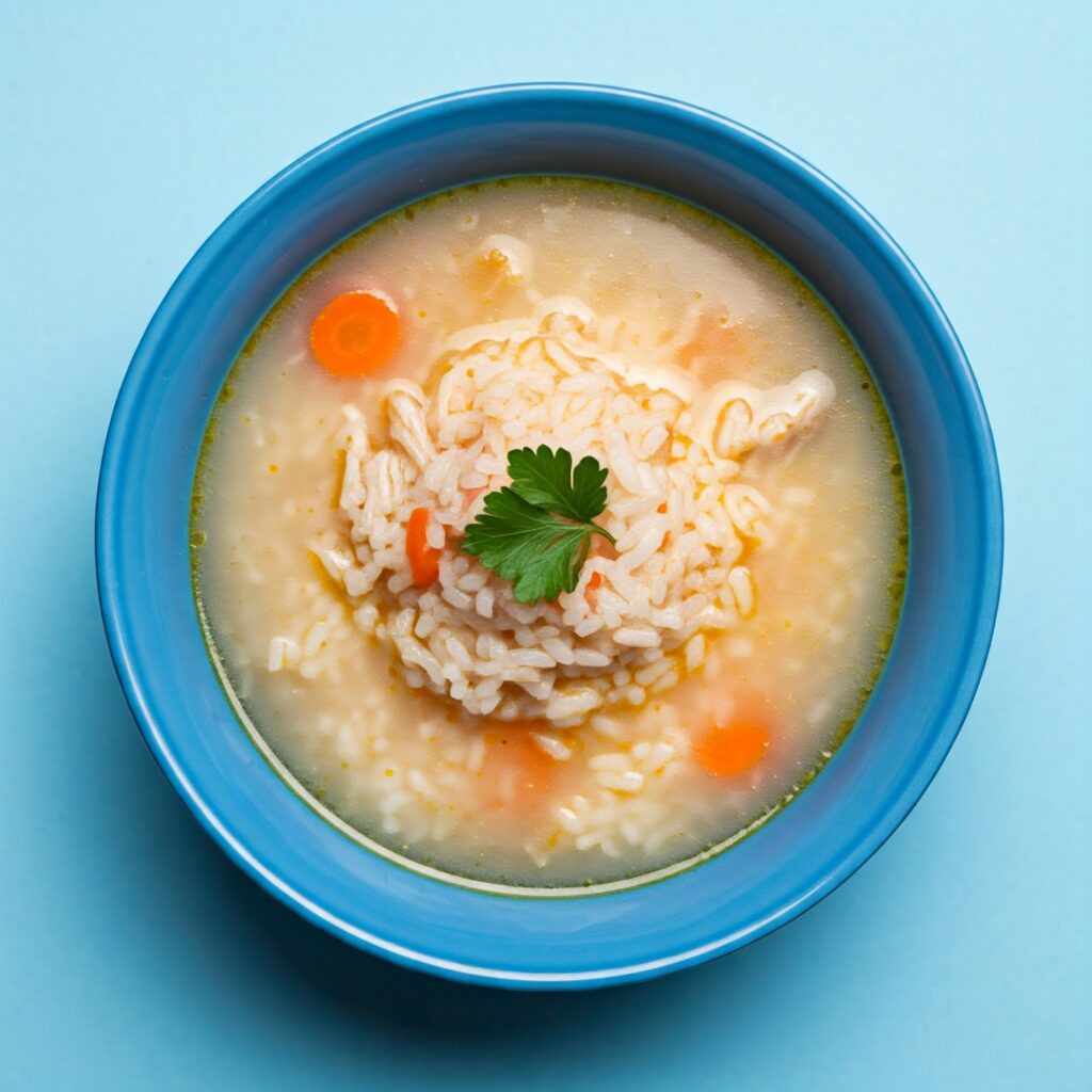 chicken and rice soup with vegetables and sometimes fresh herbs